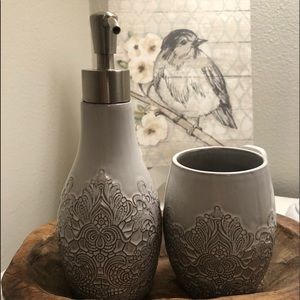 Ceramic soap dispenser and toothbrush holder